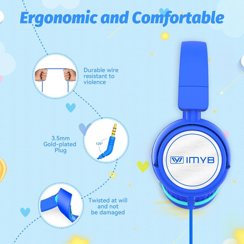 IMYB V1 Kids Headphones, Wired Stereo Foldable Tangle-Free 3.5mm Adjustable On-Ear Headphones for Kids for School/Toddlers/Childrens/Teens/Boys/Girls/Ipad/Tablet/Kindle/Phones/Travel/Plane (Blue-RV) - Image 4